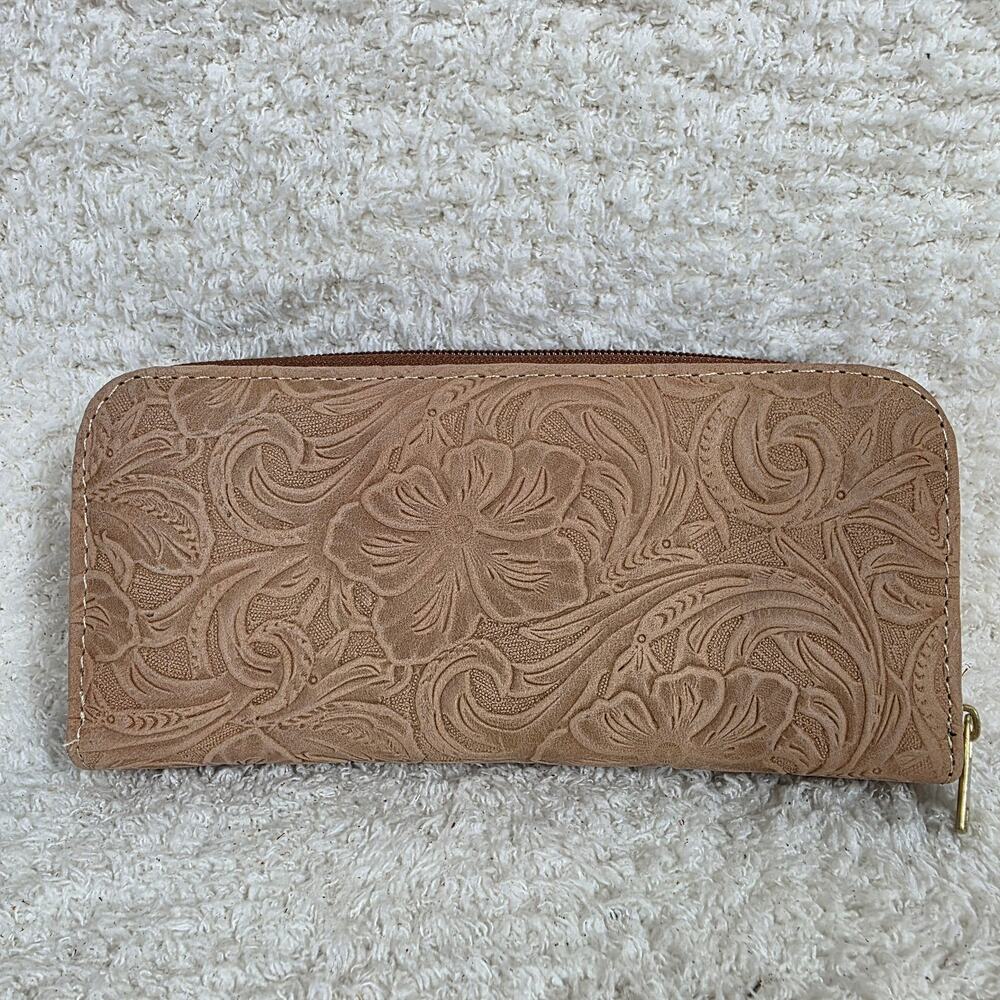 Mexican Handmade Beige Floral Embossed Leather Wallet